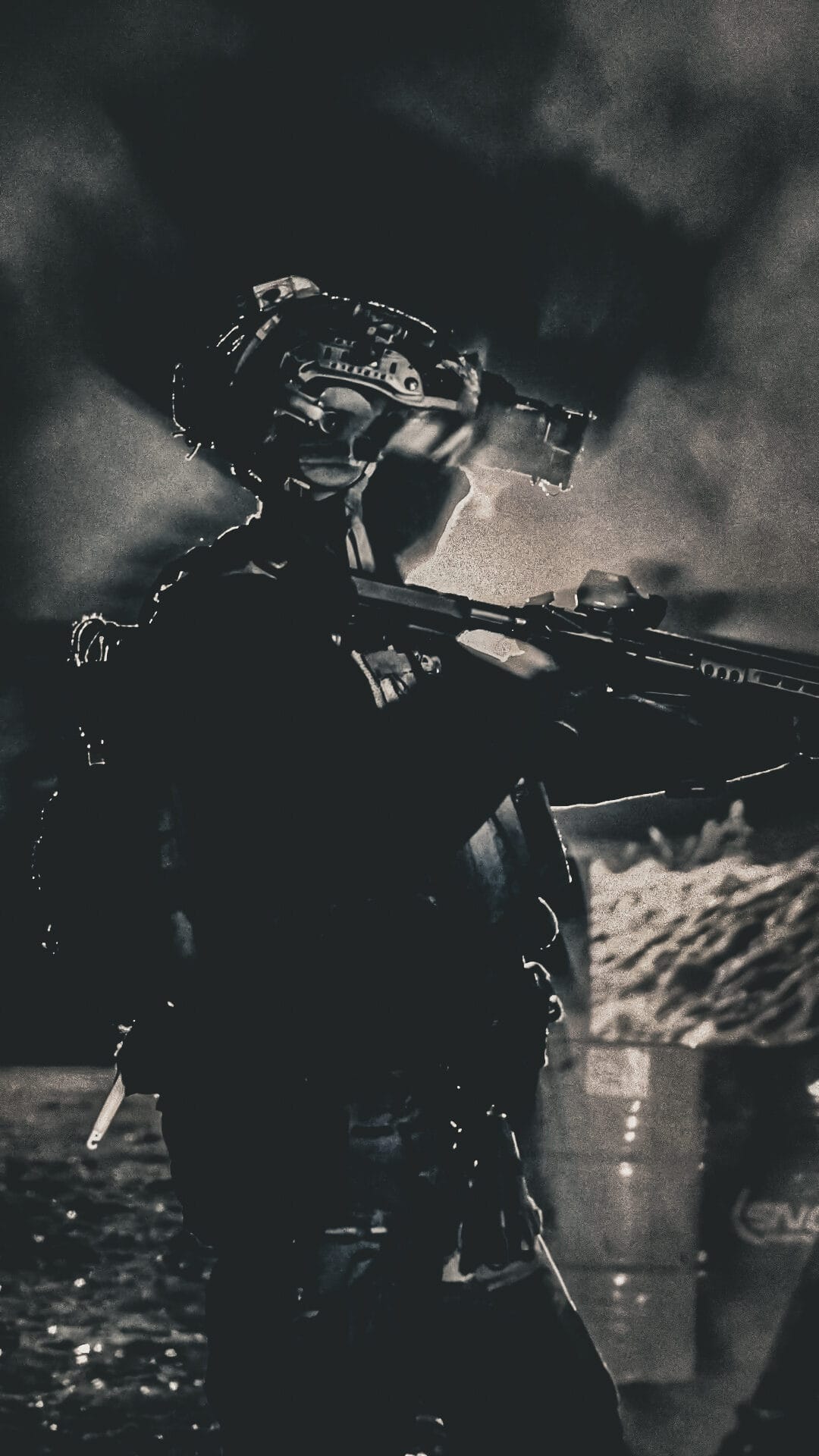 Jugador con visión nocturna y humo negro, equipado con ropa Brothers in Arms