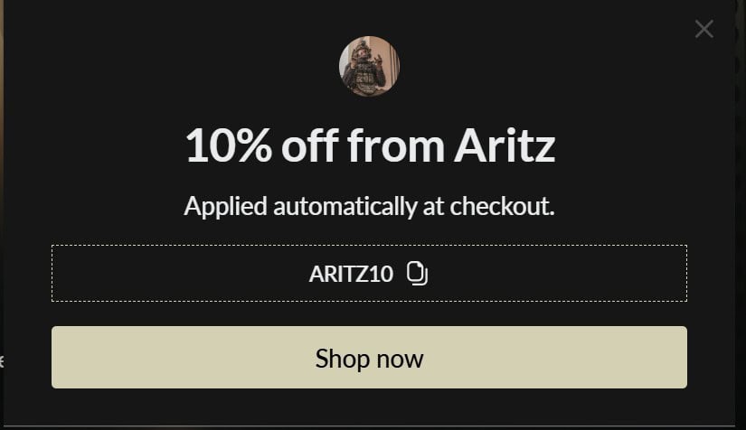 Ventana de la tienda de Brothers in Arms mostrando el código de descuento ARITZ10 aplicado automáticamente