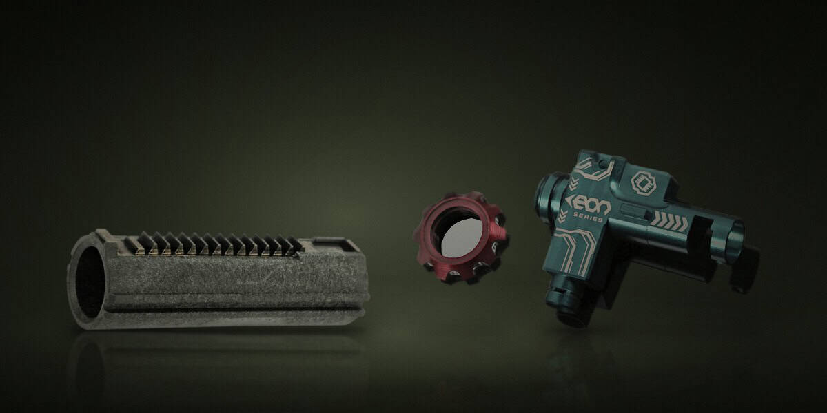 Productos: Interno Pistón AEG 14 Dientes Reforzado Retroarms, Interno Cámara Hop Up M4 Gate EON Cyan Housing and Red Rotary
