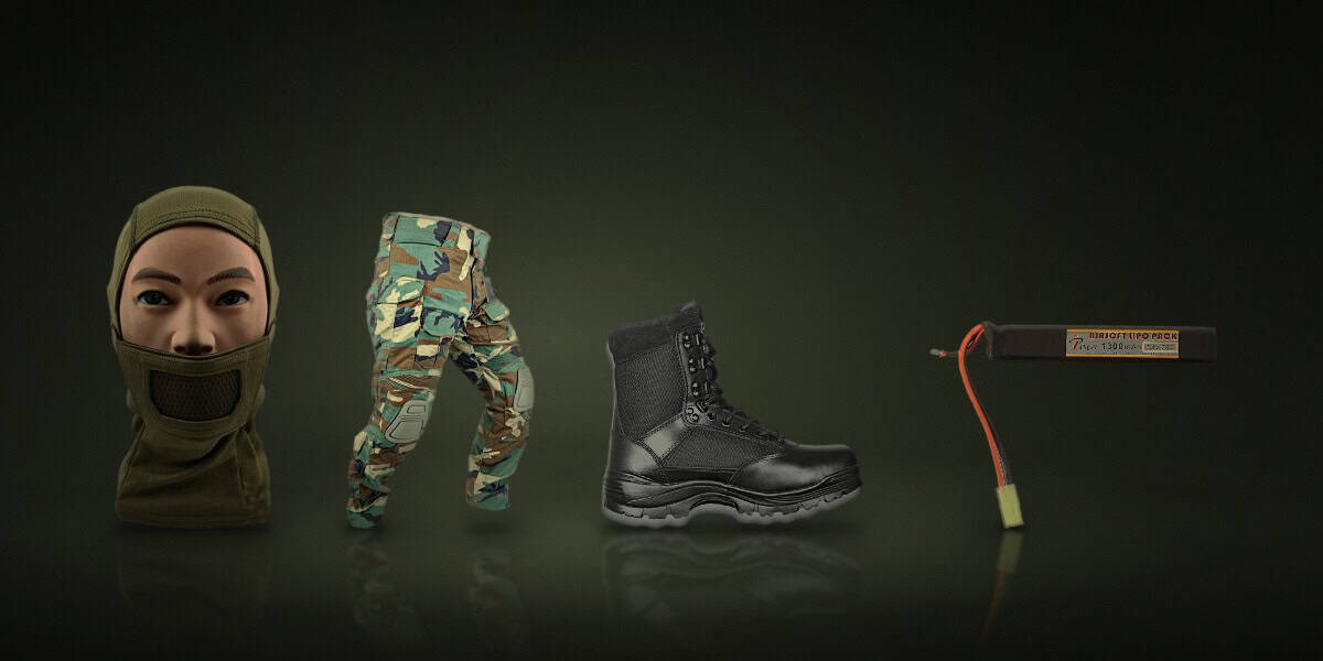 Productos: Mascara Protección Balaclava Cygnus Armory Fullface Warrior GEN.2 Verde OD, Pantalon Combate Conquer Dlx Pant Woodland, Botas Barbaric No Zipper negro, Bateria Lipo Stick Ipower 1300mah 7.4v 20c
