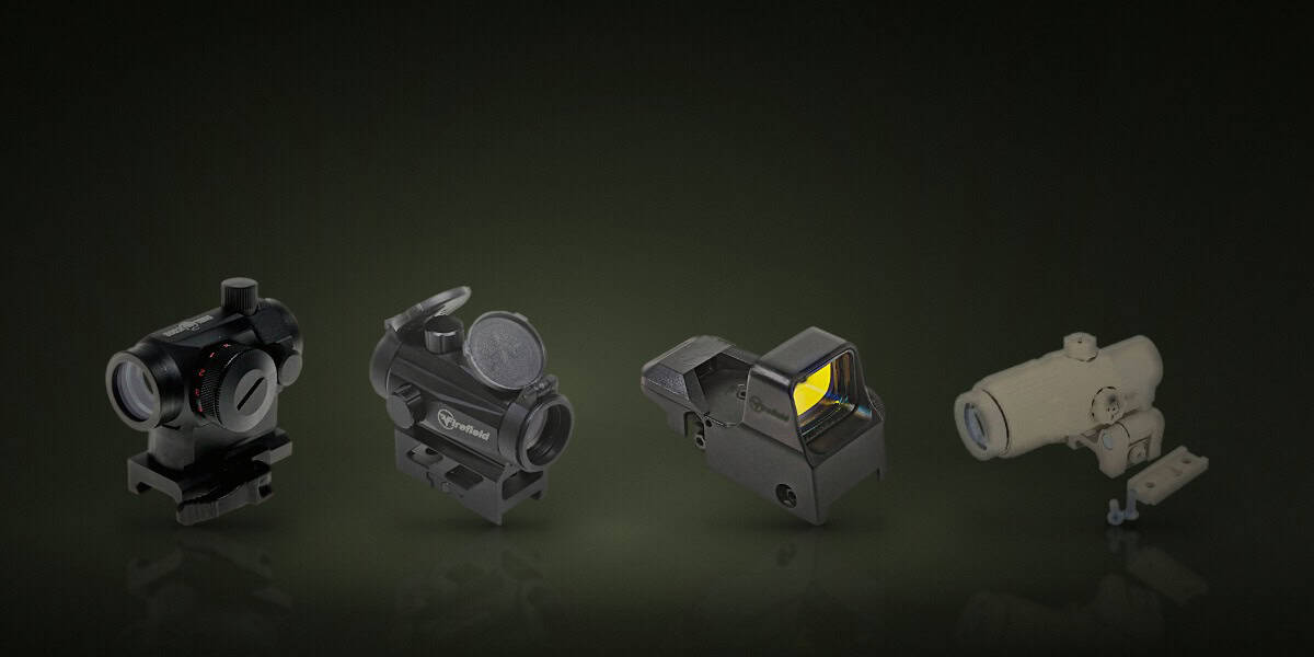 Productos: Mira Punto Rojo T1 Duel Code G2 QD Negro, Mira Punto Rojo Firefield Impulse 1x22 Compact Negra, Mira Punto Rojo Reflex Firefield Impact XL Negro, Mira Visor Magnificador 3x Aim-O G33 Tan