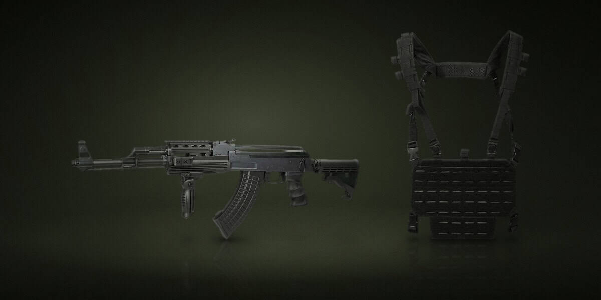 Productos: Réplica AEG AK Golden Eagle AK47 Táctica 6811 Negra, Chaleco Chest Rig Mil-Tec Lightweight Negro