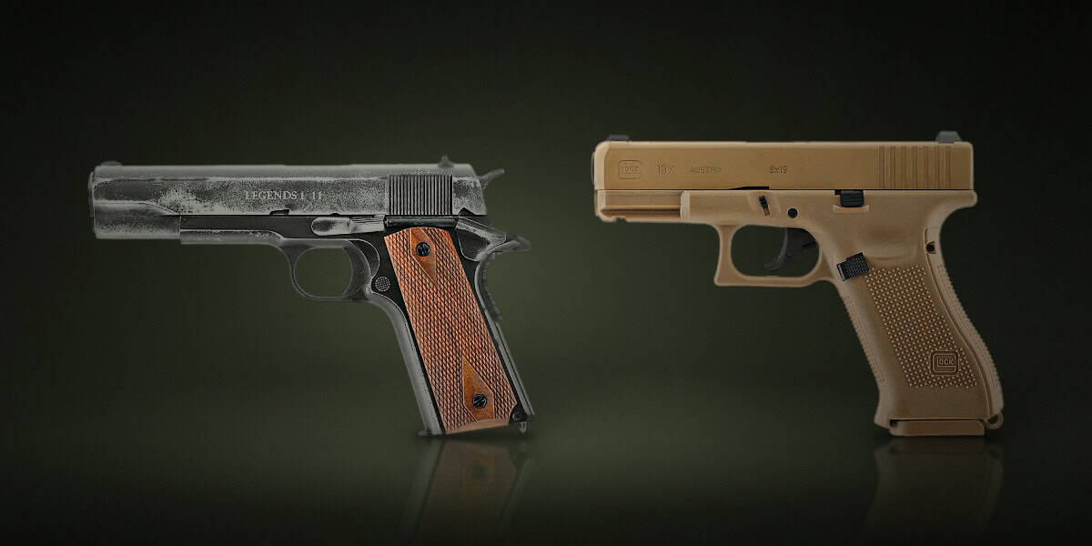 Productos: Réplica CO2 4.5mm Pistola Umarex Legends 1911 Vintage Negra, Réplica CO2 4.5mm Pistola Umarex Glock 19X Coyote